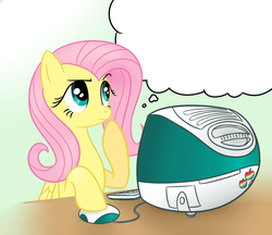 Size: 804x695 | Tagged: safe, artist:sorcerushorserus, fluttershy, g4, apple, computer, exploitable, exploitable meme, female, flutter thought, food, imac, looking up, meme, rainbow, raised hoof, solo, thought bubble