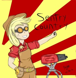 Size: 925x948 | Tagged: safe, artist:bruneguz, applejack, human, g4, engineer, engineer (tf2), female, goggles, grin, humanized, overalls, parody, pointing, smiling, solo, team fortress 2, texas