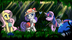 Size: 3840x2160 | Tagged: safe, artist:fairysearch, fluttershy, rarity, twilight sparkle, alicorn, parasprite, pony, g4, butterfly net, everfree forest, glowing eyes, hat, high res, saddle bag, twilight sparkle (alicorn)