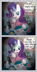 Size: 1500x2868 | Tagged: safe, artist:lima-hibiki, rarity, g4, 2 panel comic, breakfast, comic, female, food, heart, looking at you, magic, monday, morning, solo, talking to viewer