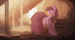 Size: 2700x1465 | Tagged: safe, artist:fuzzyfox11, berry punch, berryshine, g4, berry butt, butt, cave, female, fluffy tail, plot, saddle bag, solo, waterfall