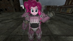 Size: 1920x1080 | Tagged: safe, artist:heydude1029, pinkie pie, equestria girls, g4, 3d, armor, fallout, happy, power armor, powered exoskeleton, remake, smiling, source filmmaker, waving