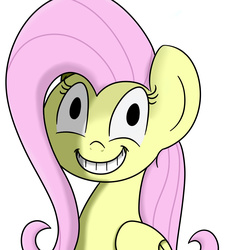 Size: 2236x2400 | Tagged: safe, artist:pink-dooples, fluttershy, g4, bust, crazy face, faic, female, folded wings, grin, high res, looking at you, simple background, solo, white background