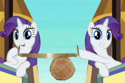 Size: 706x469 | Tagged: safe, edit, edited screencap, screencap, rarity, g4, the crystal empire, animated, cute, female, gif, implied changeling, log, looking at you, open mouth, pointing, pointing rarity, raribetes, saw, self ponidox, smiling, talking, wat, wood
