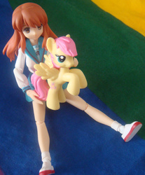 Size: 746x900 | Tagged: safe, fluttershy, pony, g4, anime, asahina mikuru, blind bag, crossover, duo, figma, holding a pony, irl, melancholy of haruhi suzumiya, photo, sitting, toy