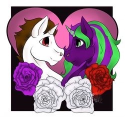 Size: 1280x1208 | Tagged: safe, artist:lightikea, oc, oc only, oc:guardian flame, oc:trinity soul, alicorn, pony, unicorn, boop, female, heart, love, male, nose rub, noseboop, rose, straight, valentine, valentine's day