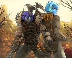 Size: 2100x1680 | Tagged: safe, artist:duskyamore, oc, oc only, oc:au hasard, oc:umami stale, bat pony, pegasus, anthro, fallout equestria, axe, call of duty, call of duty: advanced warfare, hellfire armor, powered exoskeleton, wasteland, xs1 goliath