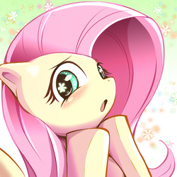 Size: 1617x1617 | Tagged: safe, artist:mr.sugar, fluttershy, pegasus, pony, g4, blushing, bust, female, flower, looking at you, mare, open mouth, pixiv, portrait, solo, surprised, wingding eyes