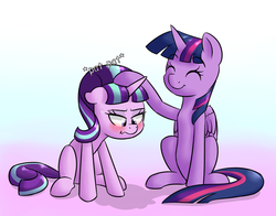 Size: 1024x804 | Tagged: safe, artist:victoreach, starlight glimmer, twilight sparkle, alicorn, pony, unicorn, g4, blushing, cute, duo, eyes closed, female, glimmerbetes, mare, petting, scrunchy face, smiling, twiabetes, twilight sparkle (alicorn)