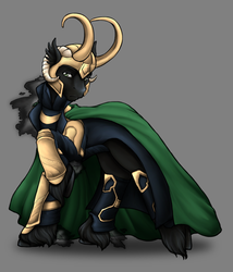 Size: 750x875 | Tagged: safe, artist:clemikou, pony, armor, cape, clothes, helmet, loki, marvel, ponified, robe, solo, the avengers