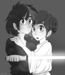 Size: 2000x2300 | Tagged: safe, artist:silbersternenlicht, rarity, twilight sparkle, human, g4, carrie fisher, crossover, duo, dusk shine, gray background, grayscale, high res, humanized, lightsaber, luke skywalker, monochrome, princess leia, rule 63, simple background, star wars, weapon, woman