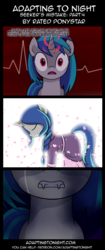 Size: 850x2020 | Tagged: safe, artist:terminuslucis, dj pon-3, vinyl scratch, oc, oc:symphony, oc:symphony song, pony, unicorn, vampire, vampony, comic:adapting to night, comic:adapting to night: seeker's mistake, g4, braid, cherry blossoms, clothes, comic, crying, dress, fangs, flower, flower blossom, glowing, glowing horn, gritted teeth, growling, horn, magic, now you fucked up, offscreen character, red eyes, teeth, this will end in death, this will end in pain
