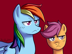 Size: 2844x2133 | Tagged: safe, artist:jeddy017-vz, rainbow dash, scootaloo, g4, high res, simple background, unamused