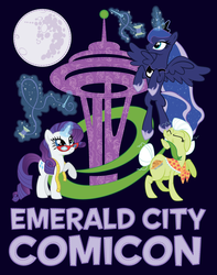 Size: 600x760 | Tagged: safe, artist:xkappax, granny smith, princess luna, rarity, g4, convention, magic, mare in the moon, moon, seattle, voice actor joke