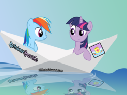 Size: 1999x1499 | Tagged: safe, artist:yourfavoritesenpai, rainbow dash, twilight sparkle, g4, female, lesbian, literal shipping, paper boat, ship:twidash, shipping