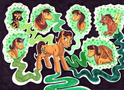 Size: 3443x2504 | Tagged: safe, artist:whitefangkakashi300, caramel, toffee, changeling, earth pony, pegasus, pony, unicorn, g4, changelingified, high res, horse collar, multeity, race swap, rule 63, species swap, traditional art, zebrafied