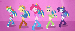 Size: 1295x545 | Tagged: safe, screencap, applejack, fluttershy, pinkie pie, rainbow dash, rarity, equestria girls, g4, balloon, boots, clothes, dancing, female, high heel boots, jewelry, lidded eyes, looking at you, skirt, socks