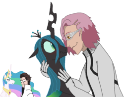 Size: 890x698 | Tagged: safe, artist:unbiased philosopher, princess celestia, queen chrysalis, g4, aizen sousuke, bleach (manga), blushing, crack shipping, crossover, crossover shipping, embrace, female, male, scrunchy face, shipping, simple background, straight, szayel aporro granz, transparent background