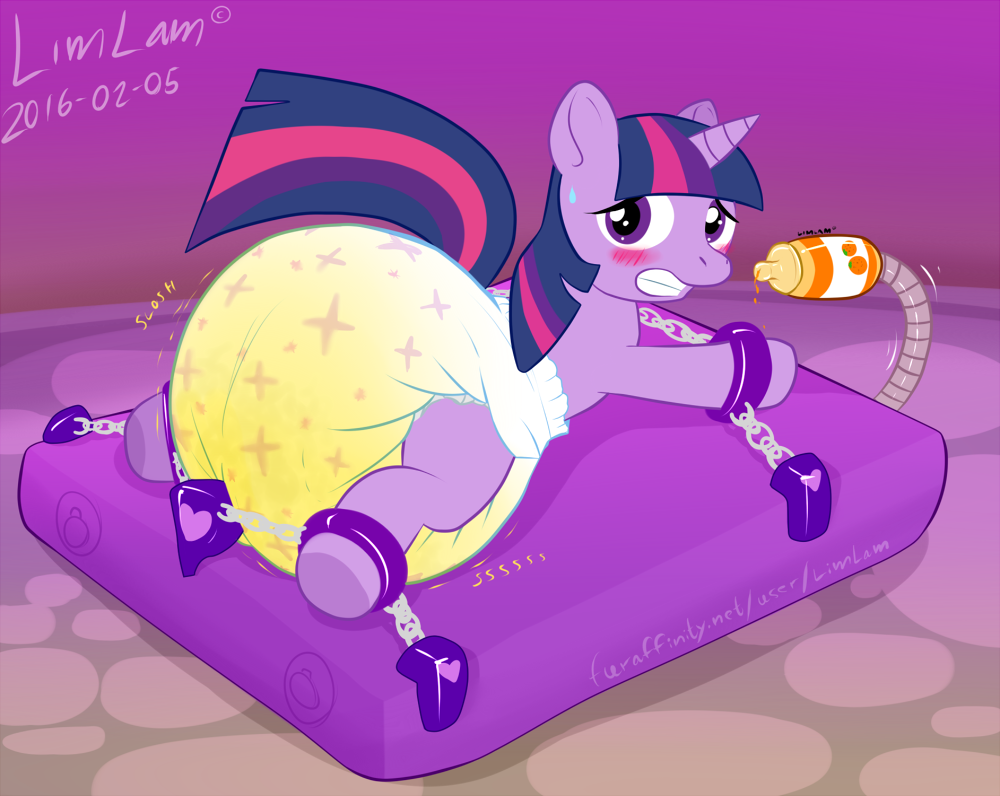 1080856 - questionable, artist:limlam, twilight sparkle, pony, unicorn, g4,  air mattress, baby bottle, bondage, chains, cuffs, diaper, diaper bondage,  diaper fetish, embarrassed, female, fetish, food, impossibly large diaper,  juice, non-baby in diaper,