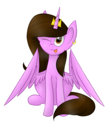 Size: 1024x1170 | Tagged: safe, artist:despotshy, oc, oc only, alicorn, pony, alicorn oc, brown eyes, brown mane, crown, ear piercing, earring, gift art, jewelry, piercing, regalia, simple background, sitting, solo, tongue out, transparent background