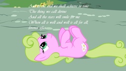 Size: 1280x720 | Tagged: safe, edit, edited screencap, screencap, daisy, flower wishes, applebuck season, g4, season 1, existential daisy, female, flower, inverted mouth, lyric, on back, rock, smiling, solo, song reference, spacehog