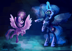 Size: 2500x1800 | Tagged: safe, artist:solar-claw, nightmare moon, twilight sparkle, alicorn, pony, g4, female, fight, flying, magic, mare, rearing, scene interpretation, spread wings, twilight sparkle (alicorn)