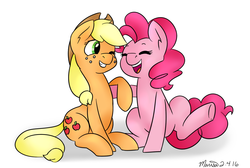 Size: 1103x740 | Tagged: safe, artist:melodicmarzipan, applejack, pinkie pie, g4, sitting