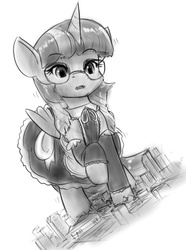 Size: 599x804 | Tagged: safe, artist:alloyrabbit, twilight sparkle, alicorn, pony, g4, adorkable, clothes, cute, destruction, dork, female, giant pony, giantess, glasses, macro, maid, mare, meganekko, monochrome, solo, twilight sparkle (alicorn)