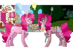 Size: 4349x3000 | Tagged: safe, artist:hfinder, pinkie pie, g4, alternate timeline, balloon, chrysalis resistance timeline, female, self ponidox, solo, spear, sugarcube corner, tongue out, tribal, tribal pie, weapon