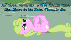 Size: 1280x720 | Tagged: safe, edit, edited screencap, screencap, daisy, flower wishes, earth pony, pony, applebuck season, g4, blade runner, existential daisy, female, flower, ground, inverted mouth, movie reference, on back, rock, roy batty, smiling, solo, tears in rain