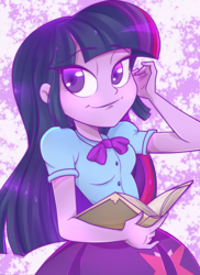 Size: 705x971 | Tagged: safe, artist:bansheekisara, artist:lunchie, twilight sparkle, equestria girls, g4, my little pony equestria girls: rainbow rocks, abstract background, book, bowtie, clothes, eyebrows, eyebrows visible through hair, female, shine like rainbows, skirt, smiling, solo, twilight sparkle (alicorn)