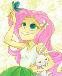 Size: 801x971 | Tagged: safe, artist:bansheekisara, artist:lunchie, angel bunny, fluttershy, butterfly, rabbit, equestria girls, g4, my little pony equestria girls: rainbow rocks, abstract background, animal, armpits, bare shoulders, clothes, hairclip, shine like rainbows, skirt, smiling, tank top, teeth, unamused