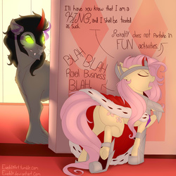 Size: 2000x2000 | Tagged: safe, artist:evehly, fluttershy, king sombra, pegasus, pony, unicorn, g4, accessory swap, angry, armor, breath, butt, clothes, cute, dark magic, dialogue, eyes closed, fangs, female, flutterbutt, frown, glowing eyes, high res, magic, male, mare, mocking, oversized clothes, plot, sassy, ship:sombrashy, shipping, shyabetes, snorting, sombra eyes, stallion, straight, unamused, underhoof, unshorn fetlocks