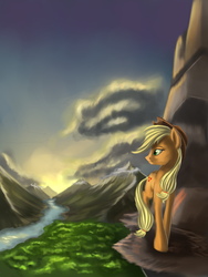 Size: 3000x4000 | Tagged: safe, artist:vell221, applejack, g4, cloud, female, mountain, river, scenery, solo, valley
