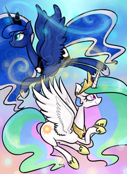 Size: 623x850 | Tagged: safe, artist:theluckyangel, princess celestia, princess luna, g4, flying