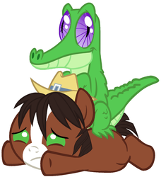 Size: 880x964 | Tagged: safe, artist:red4567, gummy, trouble shoes, earth pony, pony, appleoosa's most wanted, g4, my little pony: friendship is magic, baby, baby pony, colt, cute, gummybetes, just my luck, male, ponies riding gators, riding, role reversal, smiling, troublebetes, weapons-grade cute, when he smiles