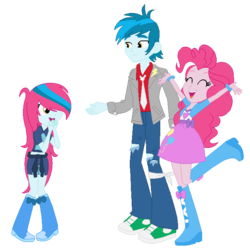 Size: 674x670 | Tagged: safe, artist:margaretlovez, pinkie pie, thunderbass, oc, oc:blythe, equestria girls, g4, balloon, boots, bracelet, clothes, cute, eyes closed, family, female, high heel boots, jacket, jewelry, male, necktie, offspring, parent:pinkie pie, parent:thunderbass, parents:pinkiebass, pinkiebass, raised leg, ripped pants, shipping, shoes, skirt, sneakers, straight