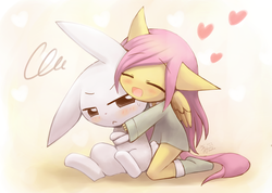 Size: 1008x717 | Tagged: safe, artist:howxu, angel bunny, fluttershy, anthro, g4, :<, clothes, cute, dress, duo, eyes closed, floppy ears, happy, heart, hug, micro, open mouth, shyabetes, simple background, smiling, sweat, sweatdrop, tsundere, white background