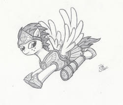 Size: 969x824 | Tagged: safe, artist:sensko, pegasus, pony, armor, courier, flying, grayscale, looking down, monochrome, pencil drawing, simple background, solo, spread wings, traditional art, white background
