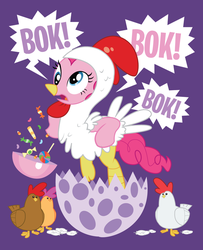 Size: 600x740 | Tagged: safe, artist:xkappax, pinkie pie, chicken, g4, animal costume, chicken pie, chicken suit, clothes, costume, egg, female, scootachicken, solo