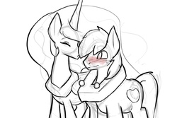 Size: 1500x1000 | Tagged: safe, artist:^:3, big macintosh, princess celestia, earth pony, pony, g4, 4chan, celestimac, cute, eyes closed, female, freckles, grayscale, kissing, male, monochrome, partial color, shipping, simple background, sketch, stallion, straight, wavy mouth, white background