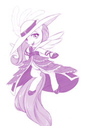 Size: 744x1100 | Tagged: safe, artist:dstears, fluttershy, pony, g4, bipedal, clothes, dress, female, french haute couture, hat, lidded eyes, looking at you, monochrome, shoes, simple background, solo, spread wings, white background