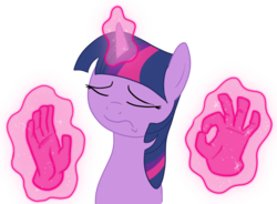 Size: 1169x860 | Tagged: artist needed, safe, twilight sparkle, pony, g4, eyes closed, female, hand, magic, magic hands, meme, pacha, reaction image, simple background, solo, the emperor's new groove, transparent background, when x just right