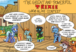 Size: 1024x698 | Tagged: safe, artist:pony-berserker, snails, snips, trixie, oc, oc:cobalt, oc:dopple, oc:longhaul, oc:southern comfort, changeling, earth pony, pony, unicorn, g4, angry, awards, charlie chaplin, colt, contest, dialogue, eyes closed, female, floppy ears, great and powerful, hat, i can't believe it's not idw, look-alike, male, mare, not trixie, obscure reference, open mouth, raised hoof, smiling, speech bubble, stage, stallion, third person, yawn