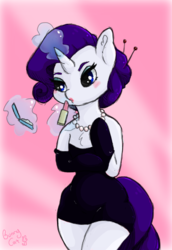 Size: 431x627 | Tagged: safe, artist:bunnycat, rarity, unicorn, anthro, semi-anthro, g4, alternate hairstyle, blushing, clothes, evening gloves, eyeshadow, female, gloves, hair bun, lipstick, magic, makeup, mascara, necklace, pearl necklace, solo, tight clothing