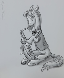 Size: 600x725 | Tagged: safe, artist:adeptus-monitus, oc, oc only, clothes, grayscale, monochrome, musical instrument, saxophone, simple background, sitting, solo, tuxedo, unshorn fetlocks