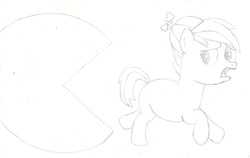 Size: 2861x1803 | Tagged: safe, artist:chronicle23, button mash, earth pony, pony, g4, chase, male, monochrome, pac-man, scared, solo