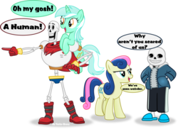 Size: 1049x762 | Tagged: safe, artist:vector-brony, bon bon, lyra heartstrings, sweetie drops, g4, bedroom eyes, crossover, cute, dialogue, implied human, looking at each other, lyrabetes, open mouth, papyrus (undertale), pointing, riding, sans (undertale), simple background, skeleton, smiling, sparkly eyes, that pony sure does love humans, transparent background, undertale, vector, wingding eyes