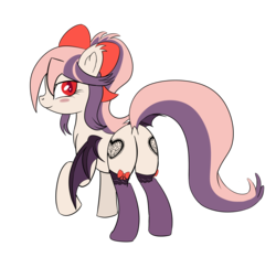 Size: 2900x2700 | Tagged: safe, artist:sethisto, oc, oc only, oc:sweet velvet, bat pony, pony, blushing, both cutie marks, bow, butt, clothes, female, hair bow, high res, mare, plot, socks, solo