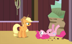 Size: 10108x6129 | Tagged: safe, artist:drewdini, applejack, pinkie pie, earth pony, pony, g4, absurd resolution, applejack is not amused, applejack's hat, barn, cowboy hat, destruction, duo, fail, frown, hat, hole, on back